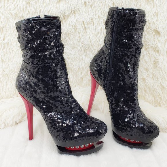 Pleaser Sexy Black Sequin Red High Heel Slouch Ankle Boots Blondie 1009 - Picture 9 of 15